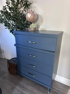 MCM Style Tall Dresser - Custom Painted in Blue with Silver Accents
