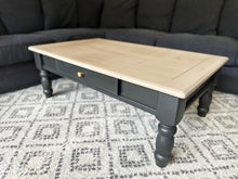 Pine Coffee Table with Wood Top and Dark Grey Base in Algonquin and Cast Iron by Fusion Mineral Paint