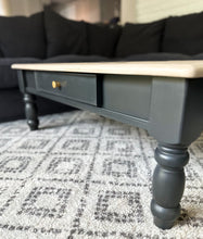 Pine Coffee Table with Wood Top and Dark Grey Base in Algonquin and Cast Iron by Fusion Mineral Paint