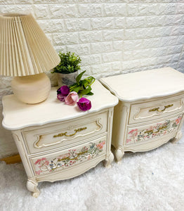 Custom Painted  Night Stands in Original White by Annie Sloan with Dark Wax & Prima Transfers