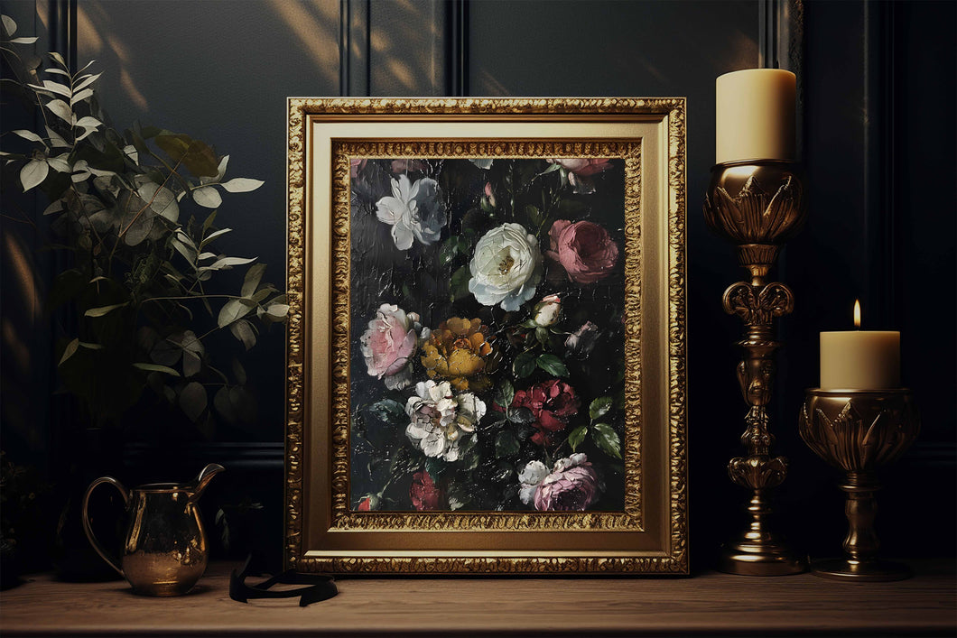 Vintage Moody Rose Flower Print Oil Still Life with Dark Background Printable Digital Antique Art