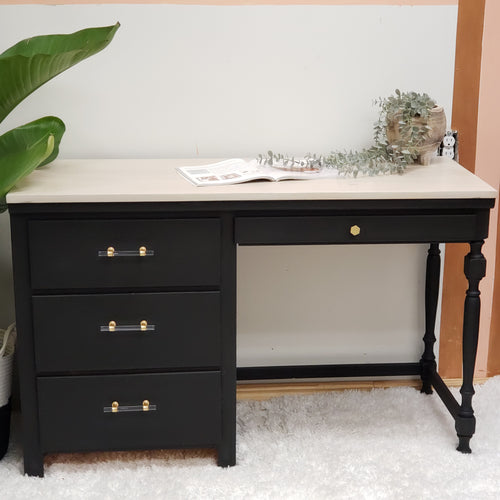 Solid Wood Desk / Vanity with White Washed Top and a Black Base