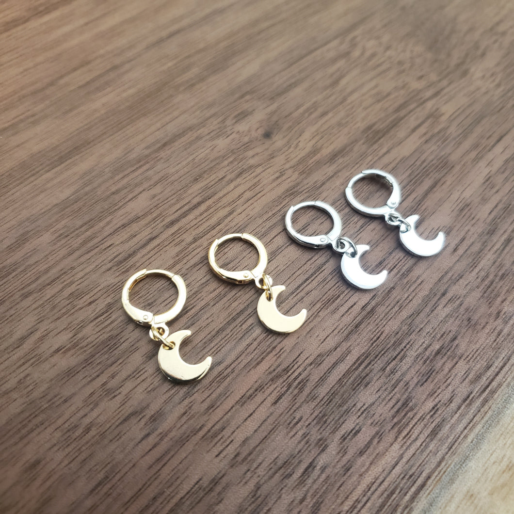 Huggie Earrings Moon Charm Gold or Silver Plated Stud Earrings - Stainless Steel Posts