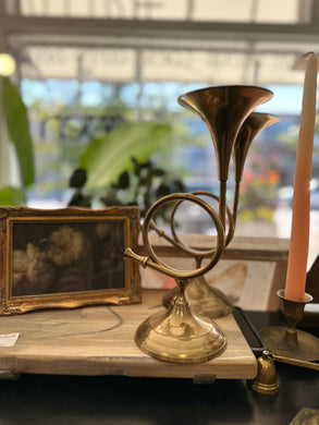 Set of 2 Large Vintage Brass Horn Candle Stick Holders Set 2c  10 inches tall