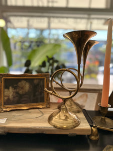 Set of 2 Large Vintage Brass Horn Candle Stick Holders Set 2c  10 inches tall