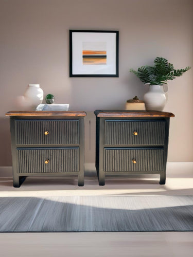 Set of 2 Nightstands - Solid Wood Two Tone in Jet Black by Wise Owl Paint and Walnut Top