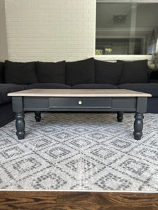 Pine Coffee Table with Wood Top and Dark Grey Base in Algonquin and Cast Iron by Fusion Mineral Paint