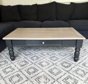 Pine Coffee Table with Wood Top and Dark Grey Base in Algonquin and Cast Iron by Fusion Mineral Paint