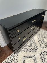 Long  MCM Mid Century Modern Dresser in Jet Black by Wise Owl Paint with Flutted Drawers