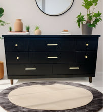 Long  MCM Mid Century Modern Dresser in Jet Black by Wise Owl Paint with Flutted Drawers