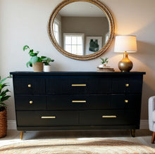 Long  MCM Mid Century Modern Dresser in Jet Black by Wise Owl Paint with Flutted Drawers