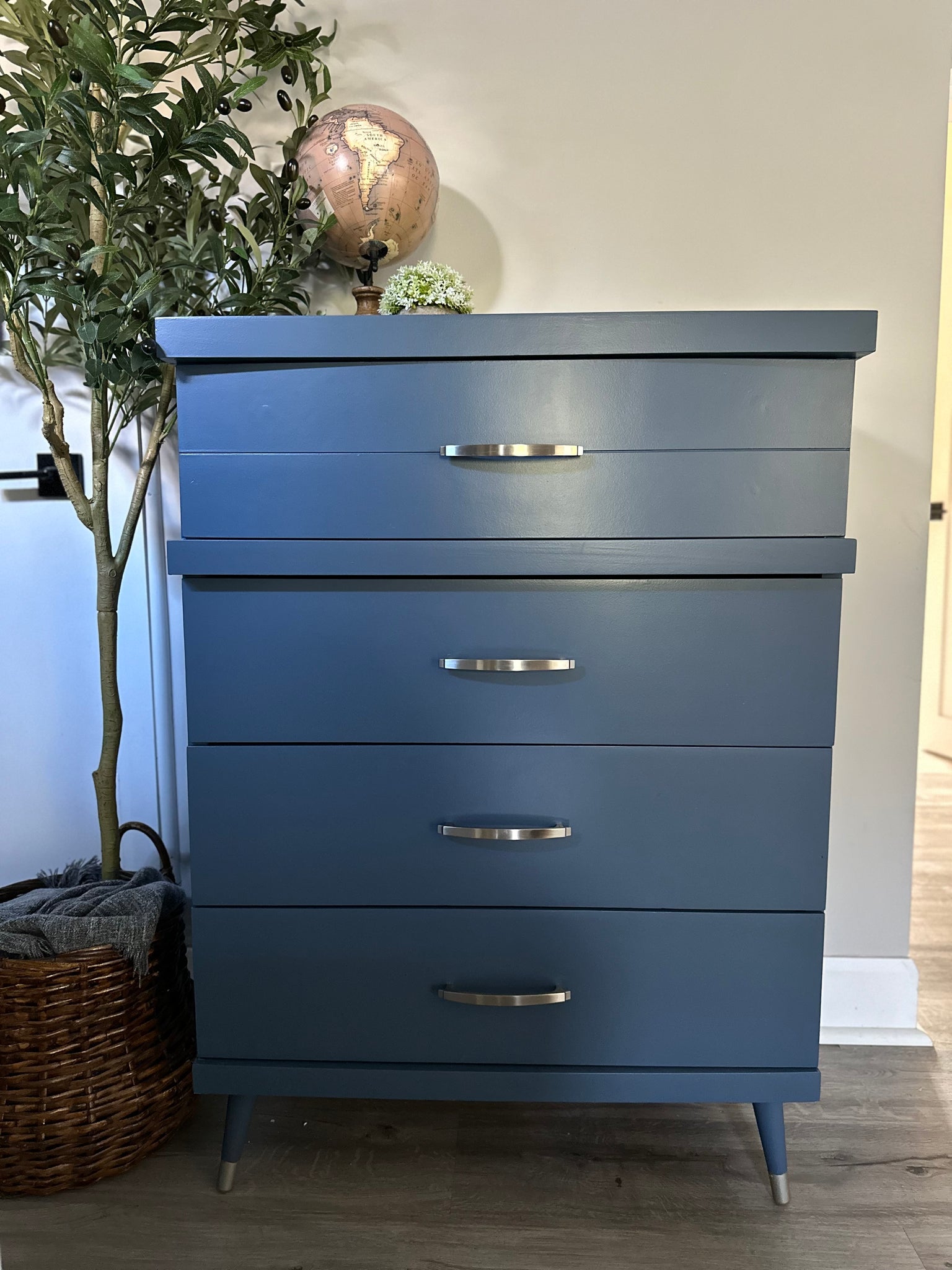 MCM Style Tall Dresser - Custom Painted in Blue with Silver Accents Dove and Arrow MCM Style Tall Dresser - Custom Painted in Blue with Silver Accents Dove and Arrow