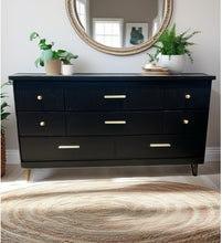 Long  MCM Mid Century Modern Dresser in Jet Black by Wise Owl Paint with Flutted Drawers