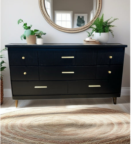 Long  MCM Mid Century Modern Dresser in Jet Black by Wise Owl Paint with Flutted Drawers