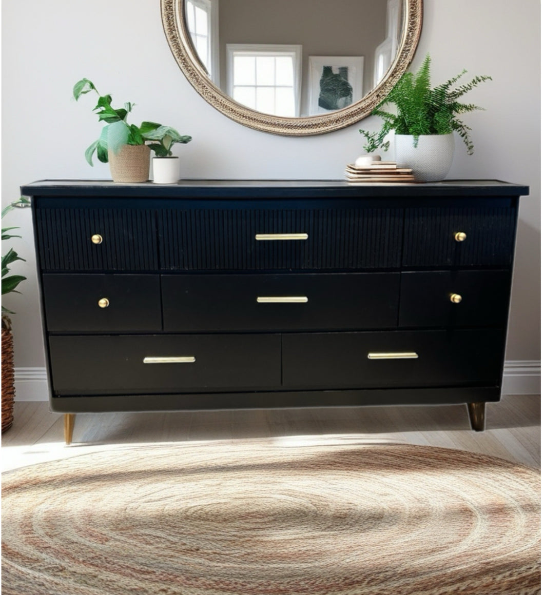 Long  MCM Mid Century Modern Dresser in Jet Black by Wise Owl Paint with Flutted Drawers
