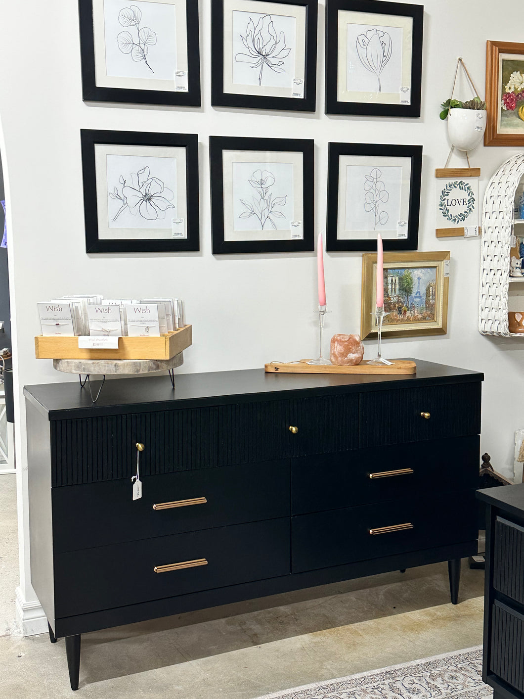 Long  MCM Mid Century Modern Dresser in Jet Black by Wise Owl Paint with Flutted Drawers