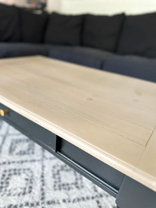 Pine Coffee Table with Wood Top and Dark Grey Base in Algonquin and Cast Iron by Fusion Mineral Paint