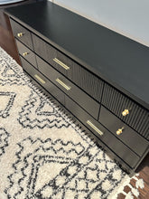 Long  MCM Mid Century Modern Dresser in Jet Black by Wise Owl Paint with Flutted Drawers