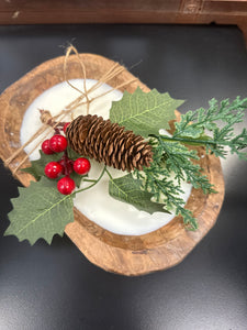 Christmas Hand Poured Soy Candle in Wood Dough Bowl