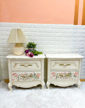 Custom Painted  Night Stands in Original White by Annie Sloan with Dark Wax & Prima Transfers