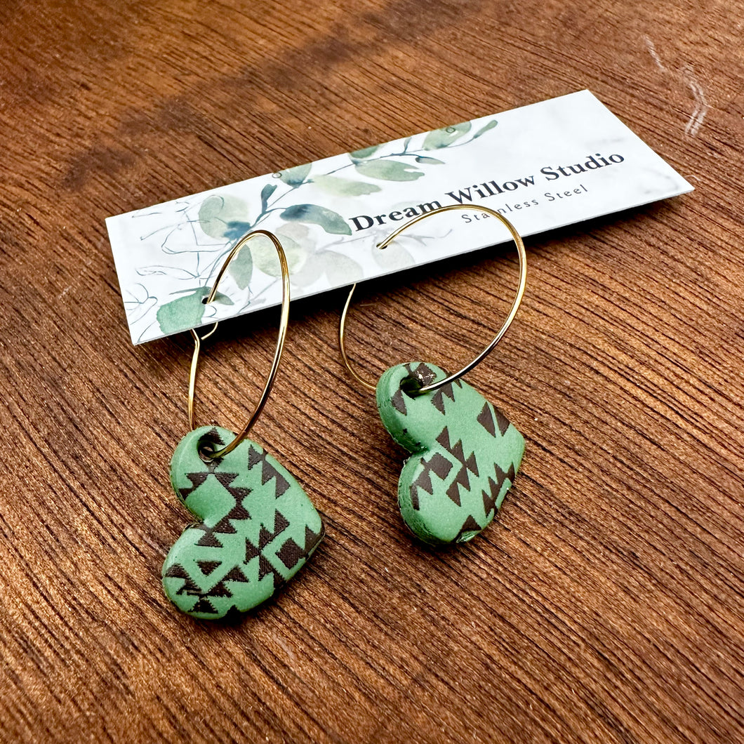 Dangly Olive Green Aztec Heart Earrings with Gold Filled Ear Wires