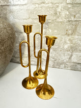 Set of 3 Vintage Brass Horn Candle Stick Holders  Set 3a
