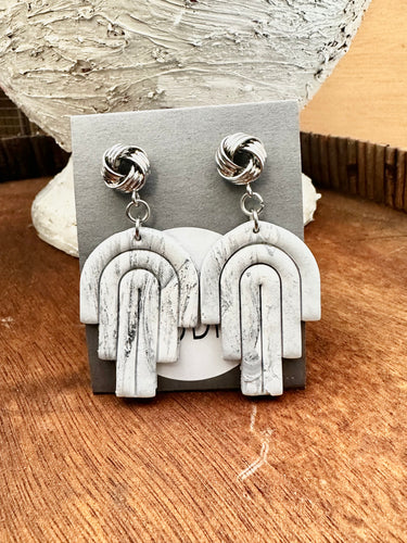 Dangly Marble White and Silver Earrings with Silver Knot Posts