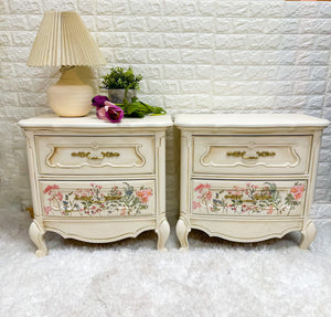 Custom Painted  Night Stands in Original White by Annie Sloan with Dark Wax & Prima Transfers