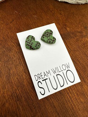 Heart Shaped  Studs - Olive Green Aztec Pattern