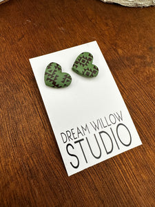 Heart Shaped  Studs - Olive Green Aztec Pattern