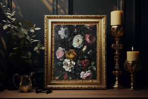 Vintage Moody Rose Flower Print Oil Still Life with Dark Background Printable Digital Antique Art