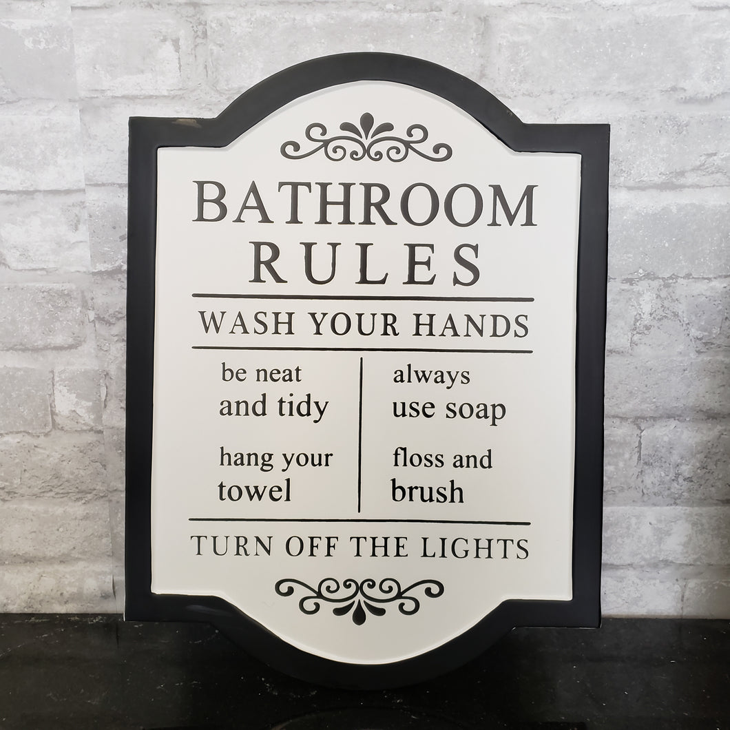 Bathroom Rules Tin Black and White Sign