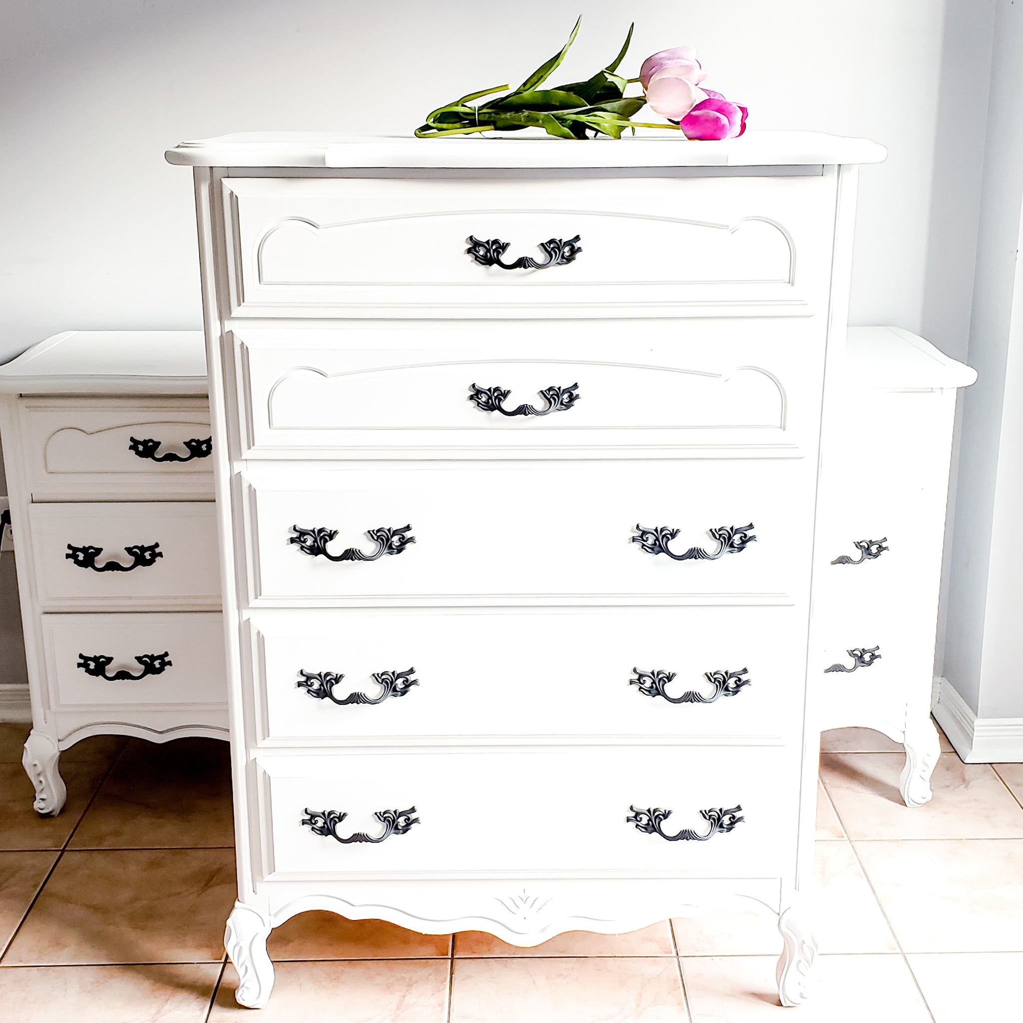 French Provincial Tall Boy in Casement Dove and Arrow
