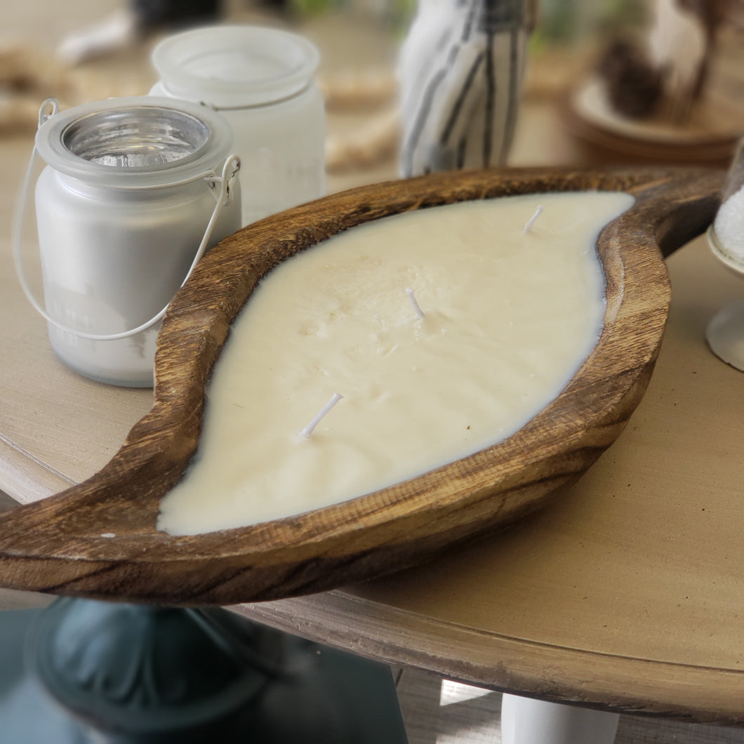 Hand Poured Soy Candle in Wood Dough Bowl Swirl Dish