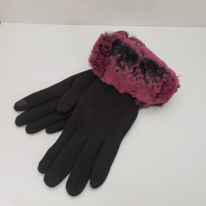 Winter Texting Gloves - Black Fleece with Dark Pink Faux Fur