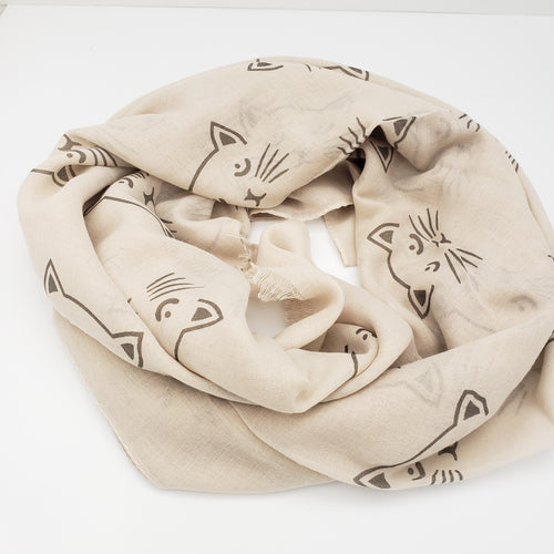 Cat Print Scarf - Tan Coloured