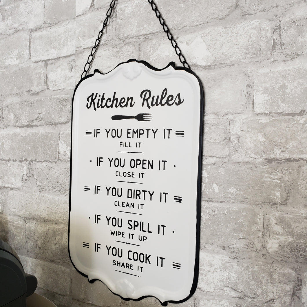 Kitchen Rules Tin Black and White Sign