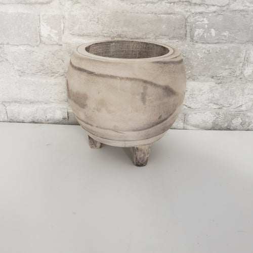Wooden Round Medium Pot with Legs  - White Washed Wood