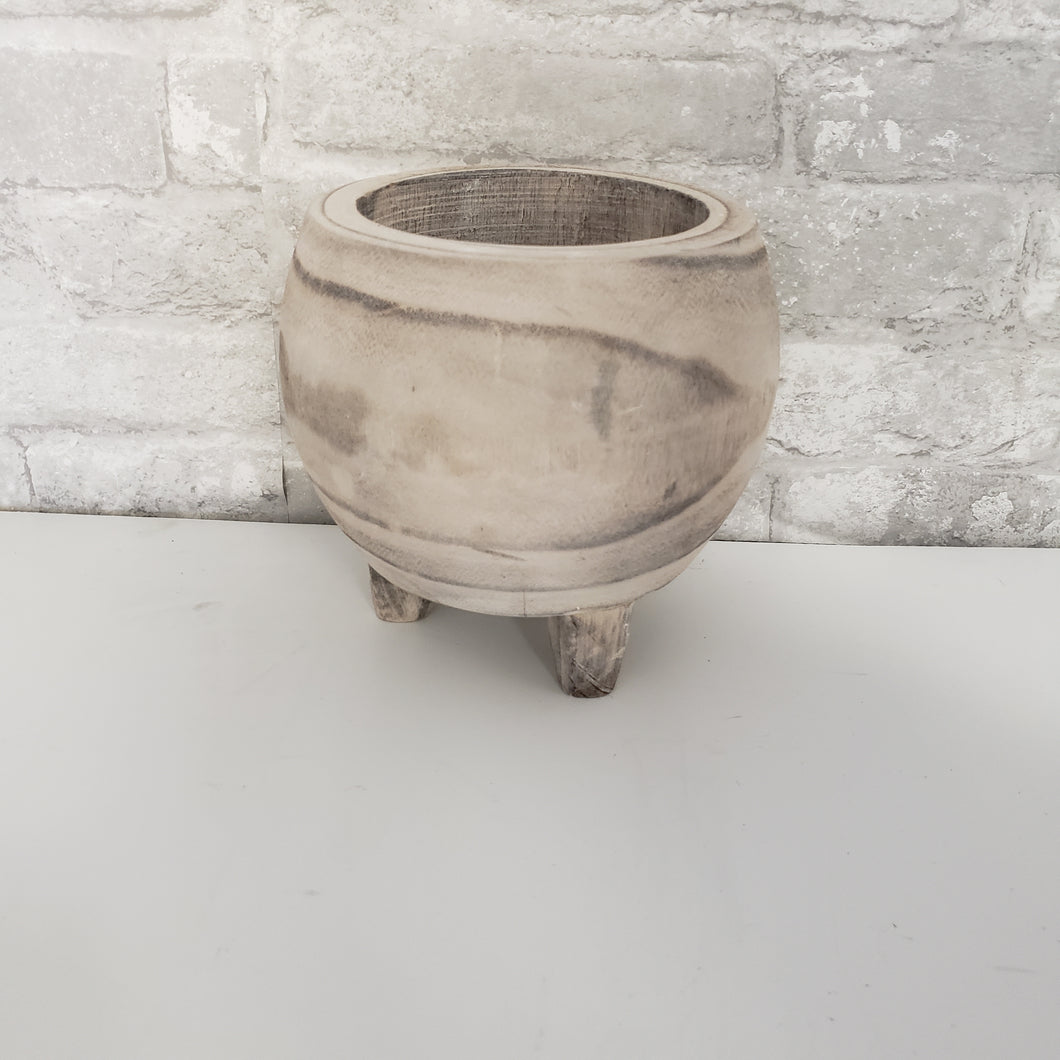 Wooden Round Medium Pot with Legs  - White Washed Wood