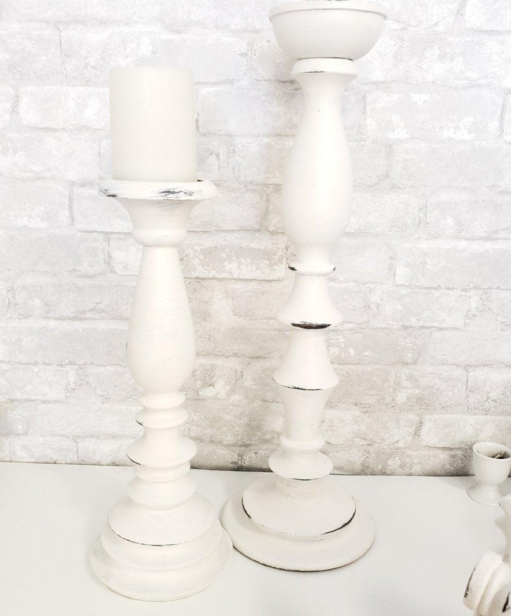 Pair of Candle Sticks- Hand Painted and Distressed White