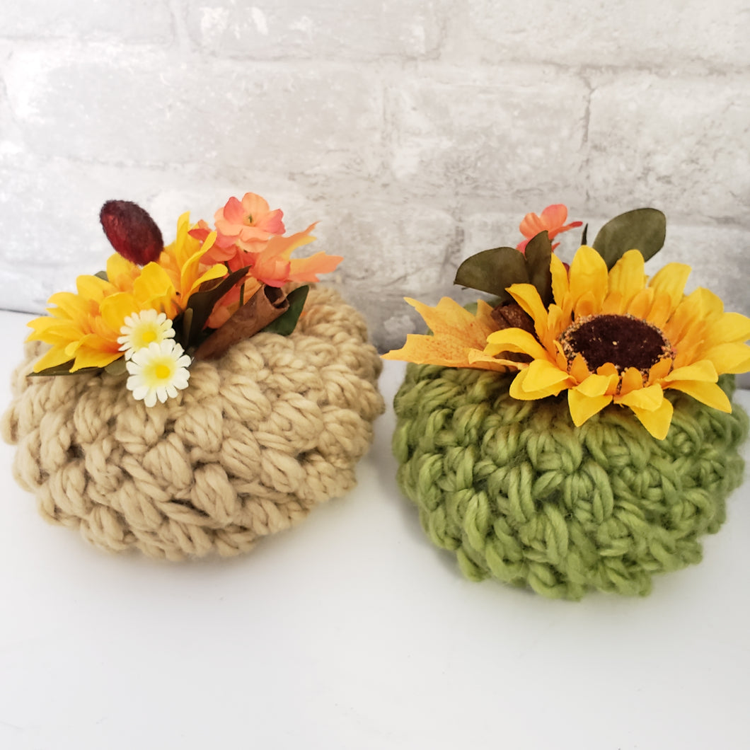 Colourful Crochet Pumpkin with Faux Flower Bouquet Top