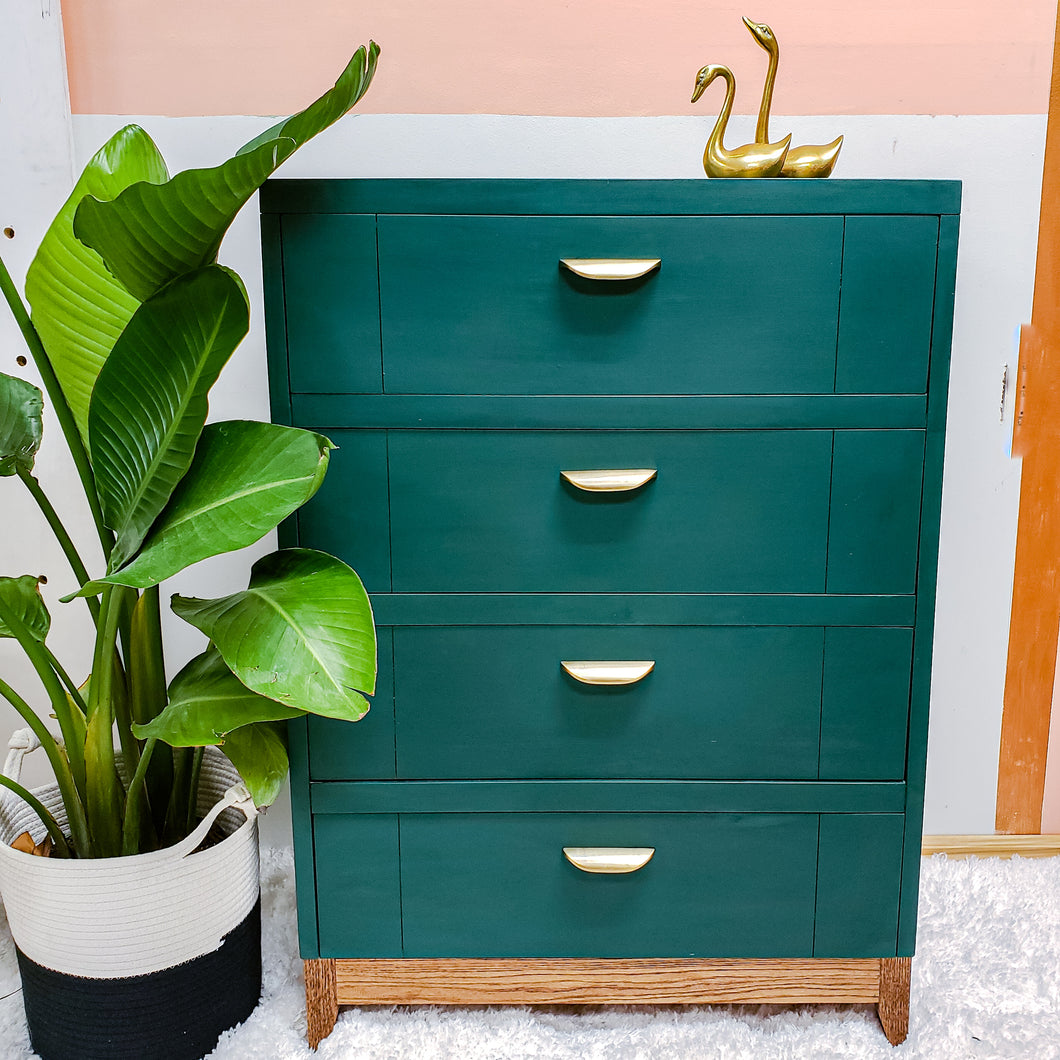 MCM Tall Four Drawer Dresser in Palmetto Green by Dixie Belle Paint Dove and Arrow MCM Tall Four Drawer Dresser in Palmetto Green by Dixie Belle Paint Dove and Arrow