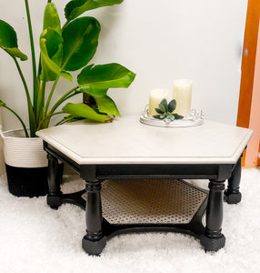 Hexagon coffee table with Rattan Cane Shelf