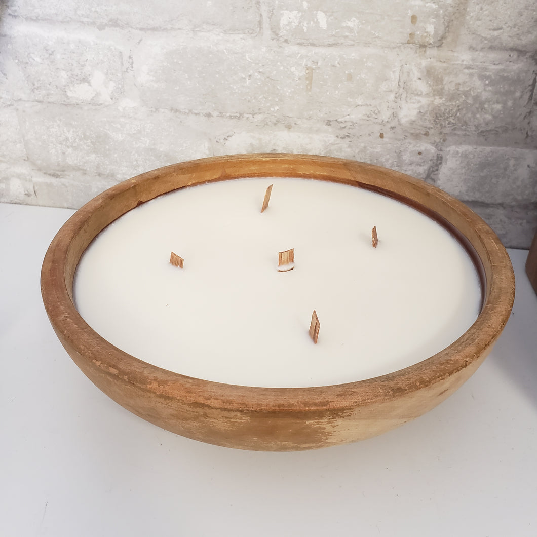 Crackle Wood Wick Soy Candle - Round Wood Bowl Container