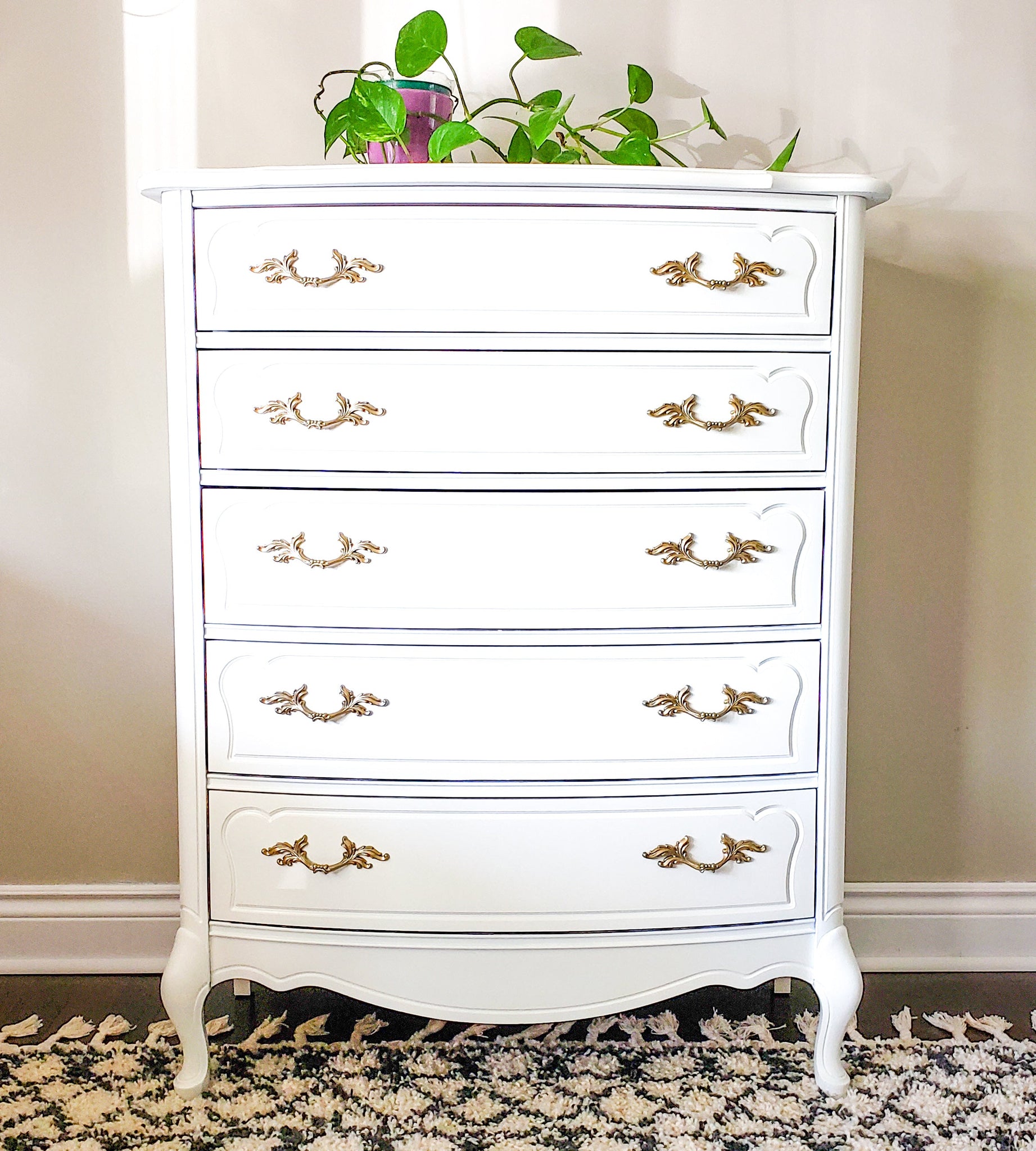 French Provincial Tall Boy Dresser with Gold Handles Dove and Arrow French Provincial Tall Boy Dresser with Gold Handles Dove and Arrow