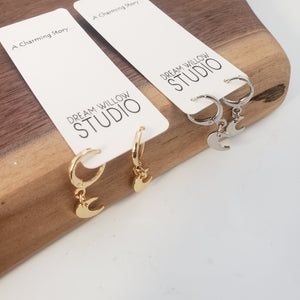 Huggie Earrings Moon Charm Gold or Silver Plated Stud Earrings - Stainless Steel Posts