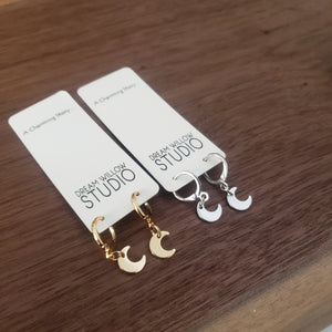 Huggie Earrings Moon Charm Gold or Silver Plated Stud Earrings - Stainless Steel Posts