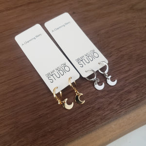 Huggie Earrings Moon Charm Gold or Silver Plated Stud Earrings - Stainless Steel Posts