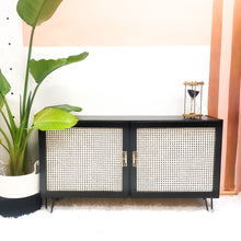 TV unit or Low Buffet / Credenza in Jet Black by Wise Owl Paint with Rattan Cane Doors and Hairpin Legs