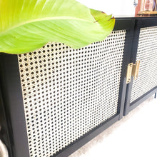 TV unit or Low Buffet / Credenza in Jet Black by Wise Owl Paint with Rattan Cane Doors and Hairpin Legs